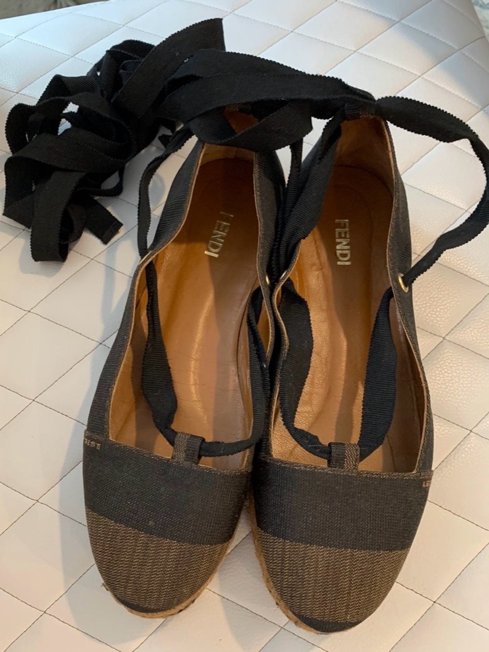 Fendi Striped Canvas Espadrille Flats Brown & Black